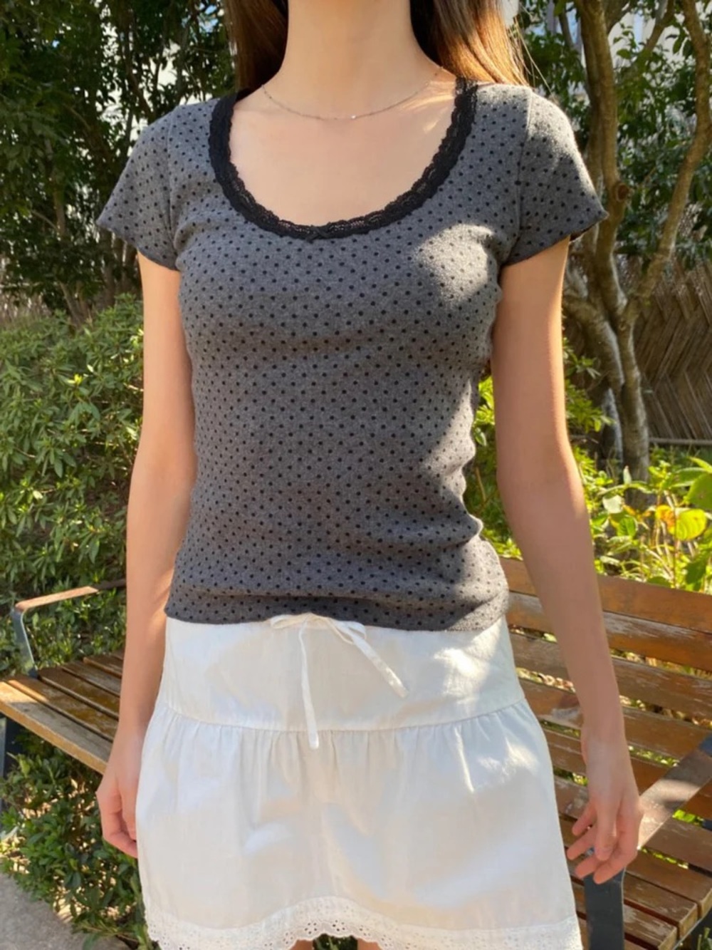 Brandy melville gray McKenna polka dots lace top
